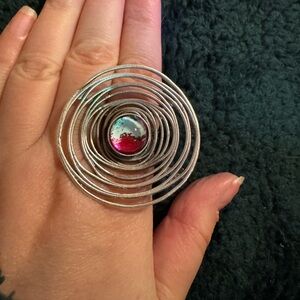 Nina Juniper Adjustable Saturn Statement Ring with Hot Pink and Pistachio Art